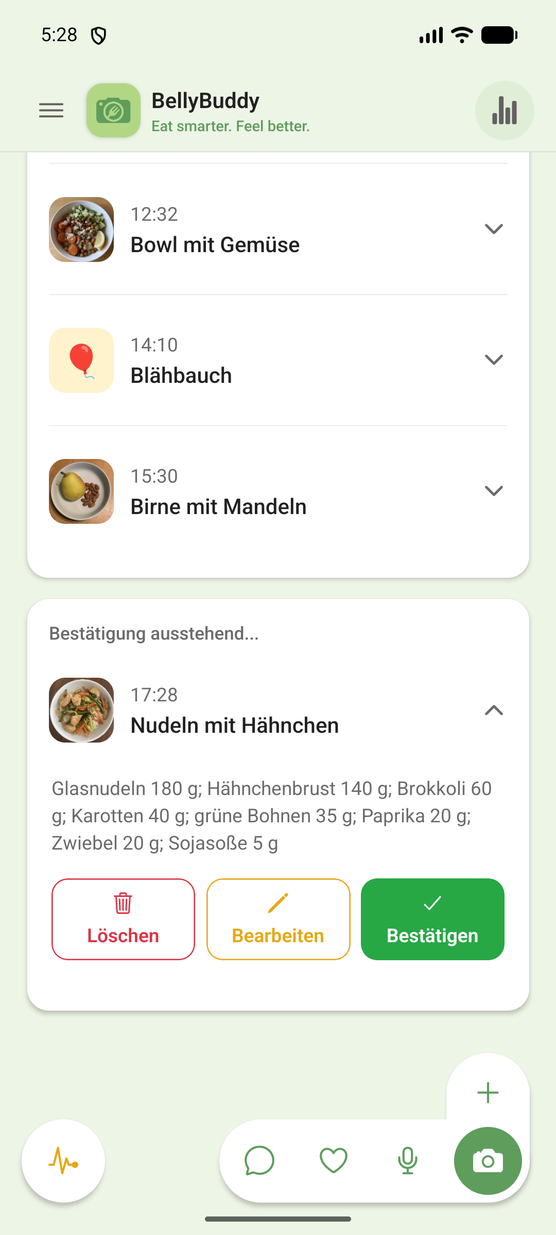 Erkannte Hähnchen-Nudelpfanne, aufgelistet mit Zutaten und Grammangaben, Bestätigung ausstehend, mit den Buttons Löschen, Bearbeiten und Bestätigen