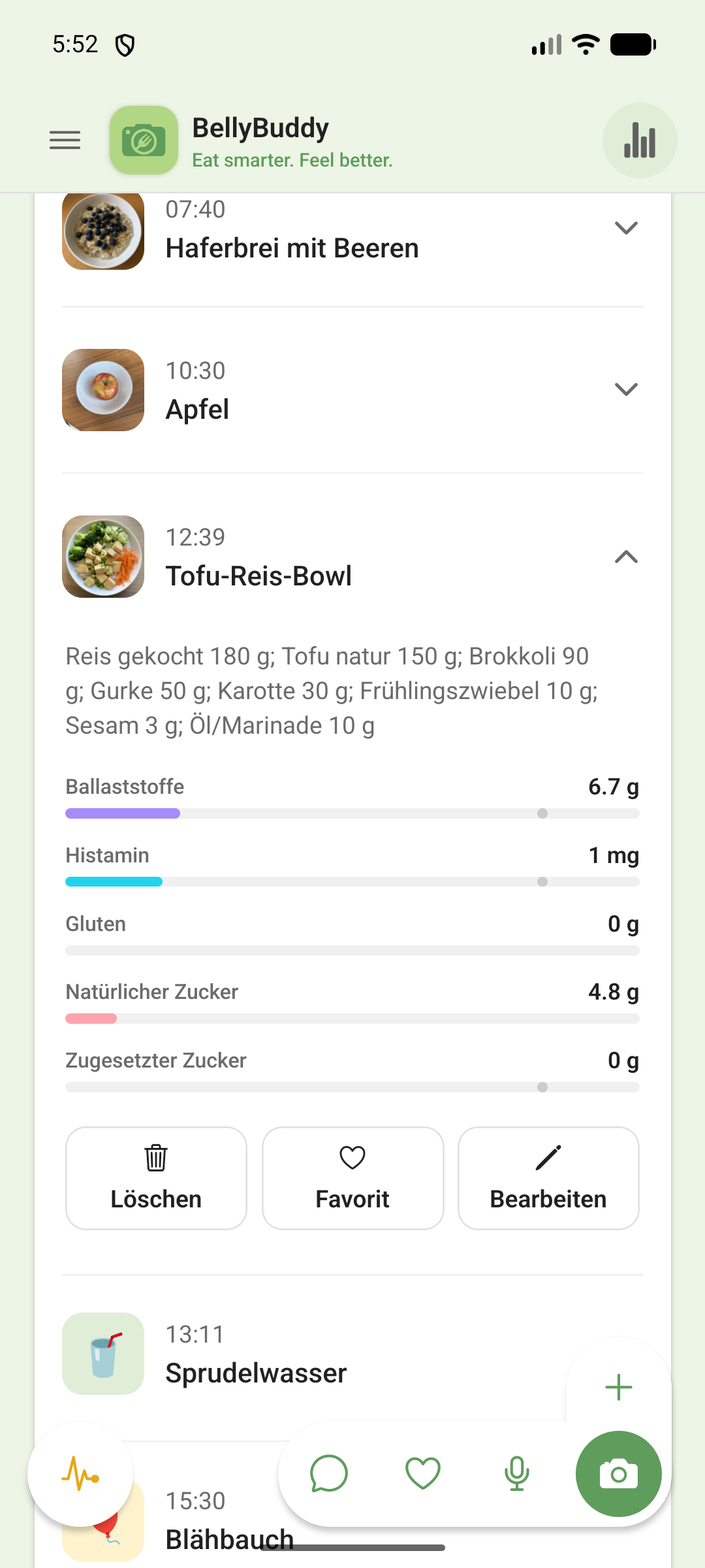 Eine Mahlzeit in der Timeline, aufgeklappt mit ihren Nährwerten