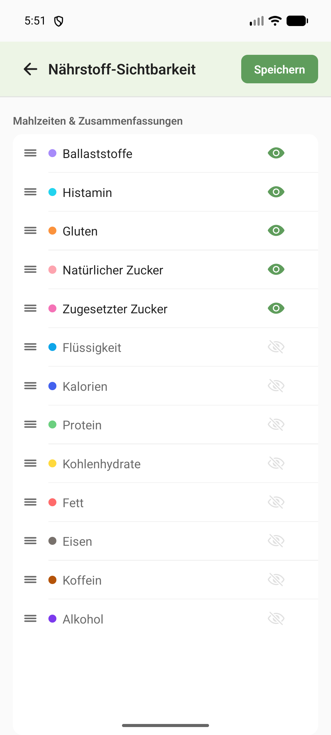 Einstellungen zur Nährstoff-Sichtbarkeit: die 13 Werte per Drag & Drop sortieren und einzeln ein- oder ausblenden