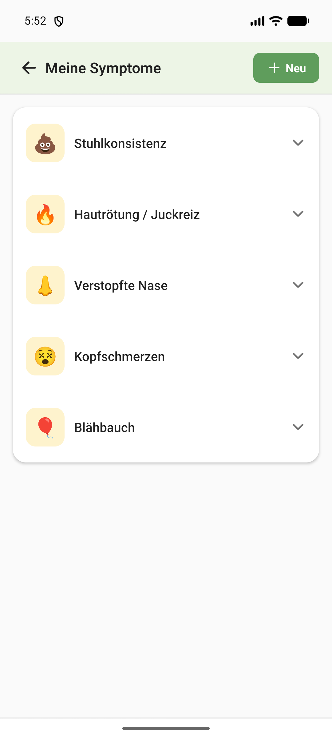Meine Symptome: deine eigene Liste mit Stuhlkonsistenz, Hautrötung, verstopfter Nase, Kopfschmerzen und Blähbauch