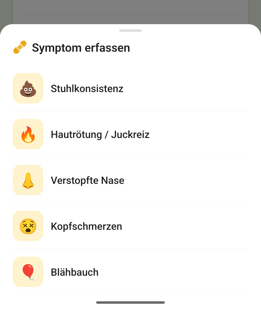 Die Ansicht „Symptom erfassen“ schiebt sich über die Timeline