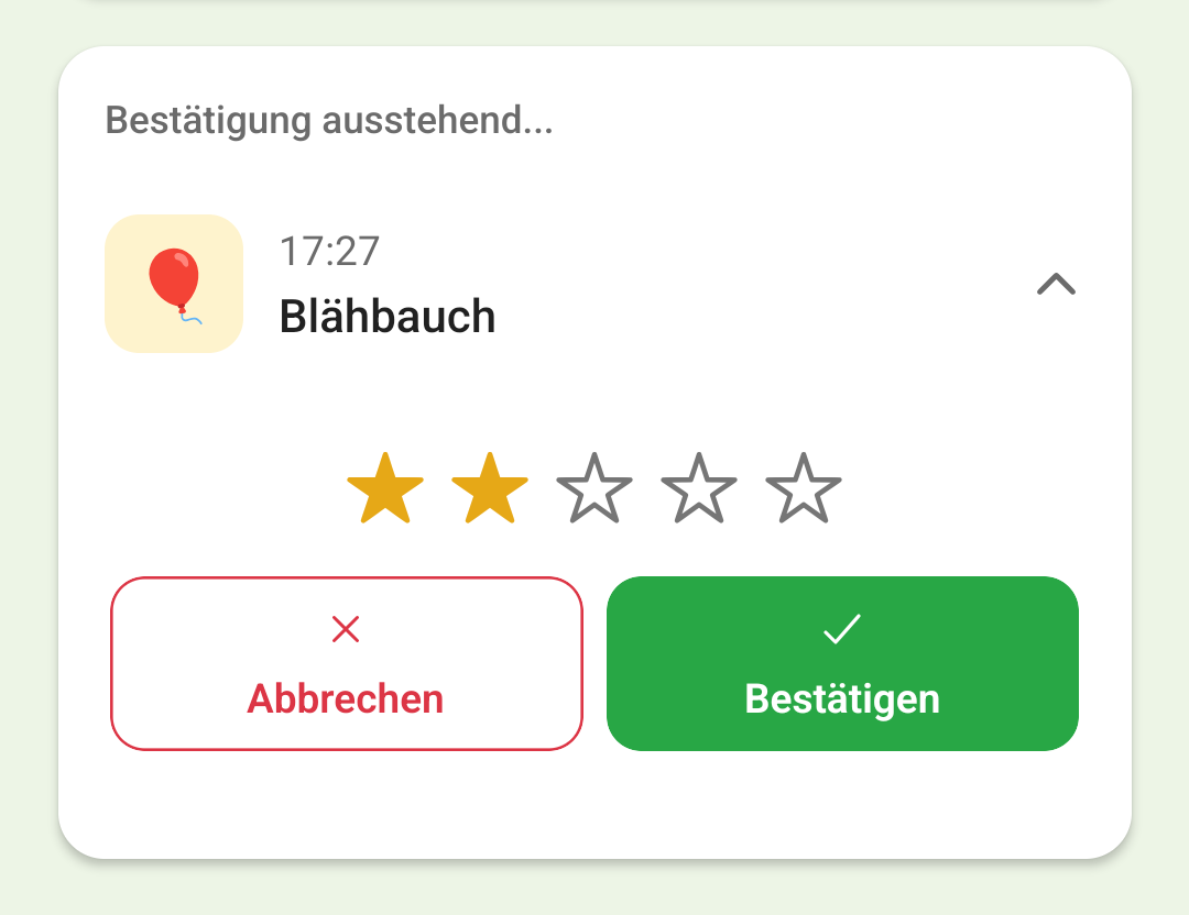Ein Blähbauch-Eintrag wird mit einer Stärke von zwei Sternen bestätigt