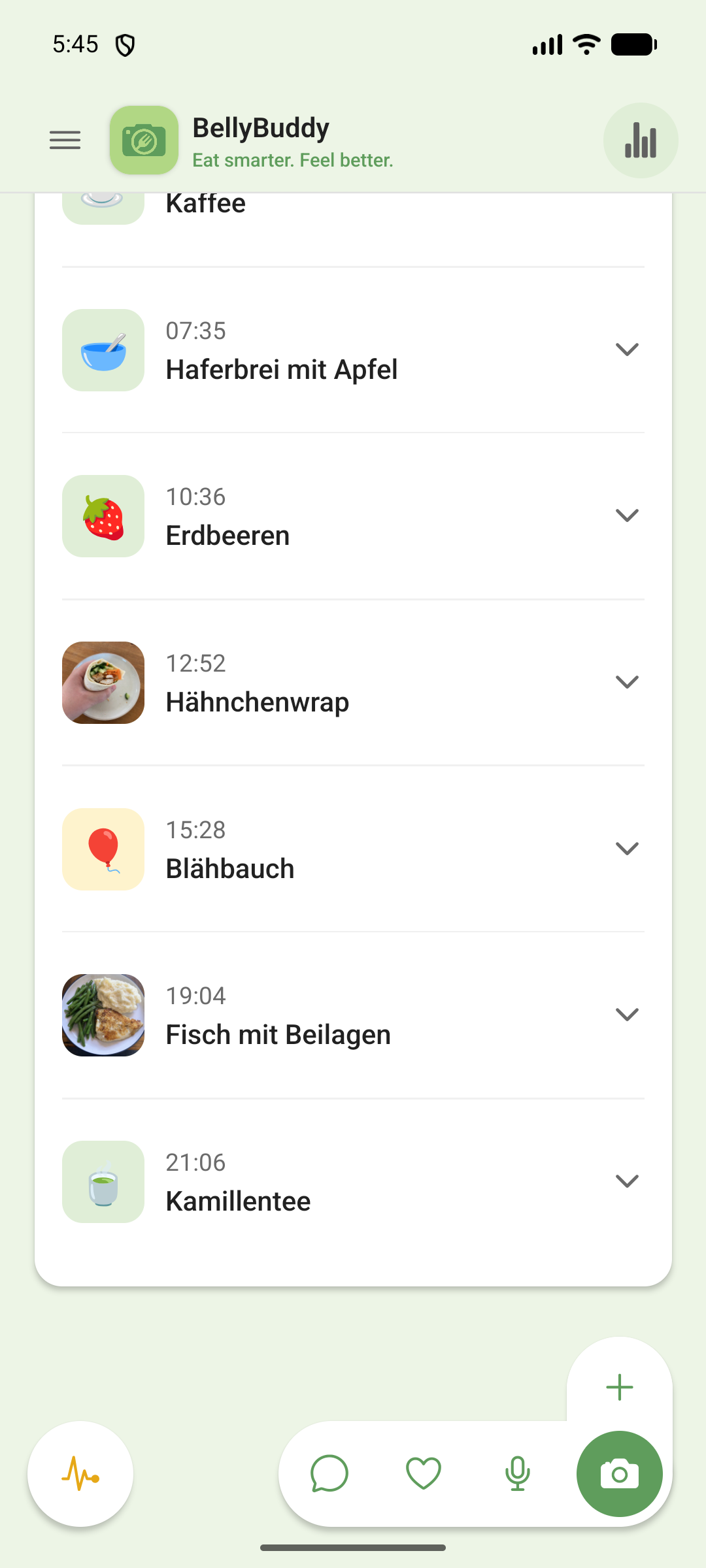 BellyBuddy-Timeline: Mahlzeiten mit Fotos und ein Blähbauch-Eintrag, zusammen in einem Verlauf