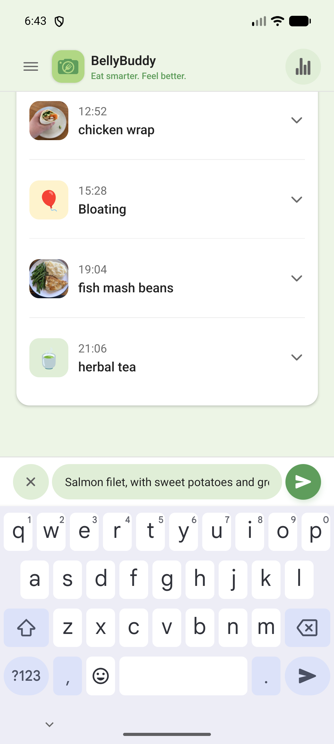 Typing 'Salmon filet, with sweet potatoes and green beans' into BellyBuddy