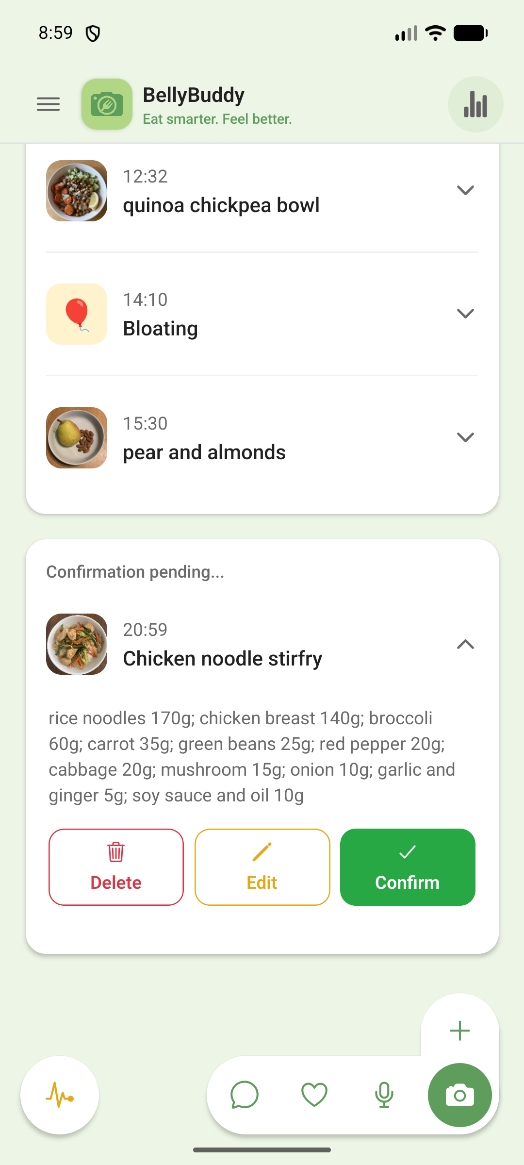 A recognised chicken noodle stir fry listed with its ingredients and gram weights, pending confirmation with Delete, Edit and Confirm buttons