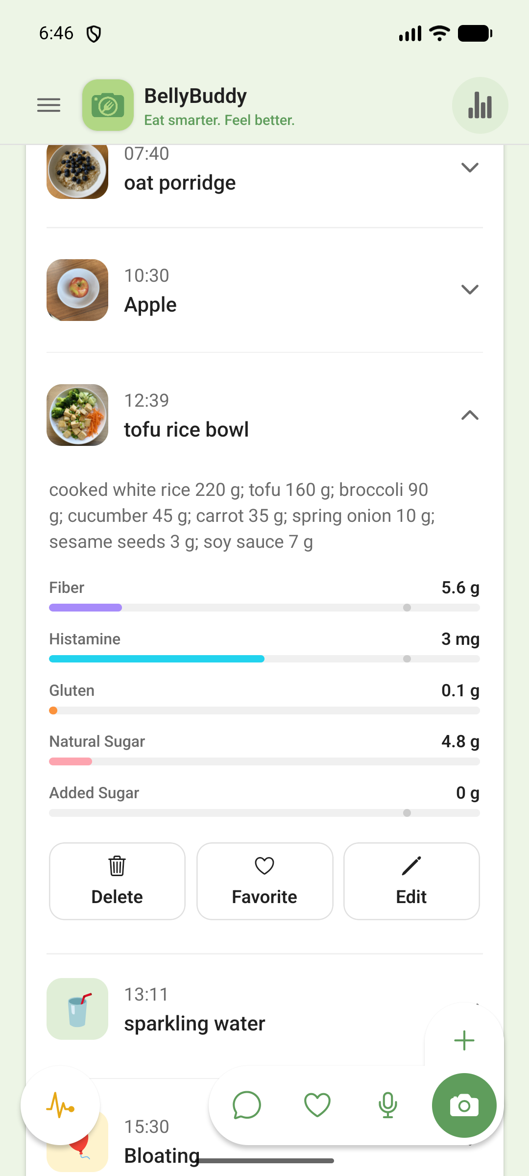 A meal in the timeline, expanded to show its nutrition values