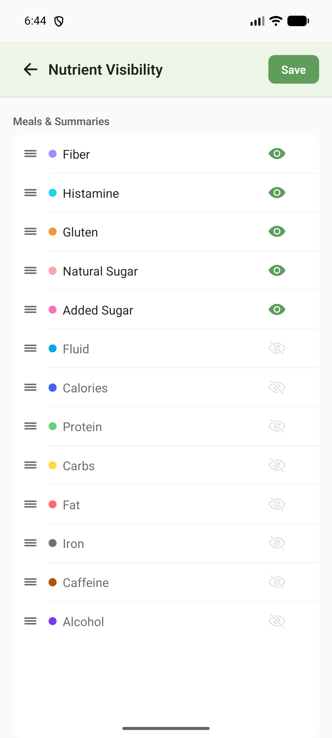 Nutrient Visibility settings: drag to reorder the 13 values and toggle each one on or off