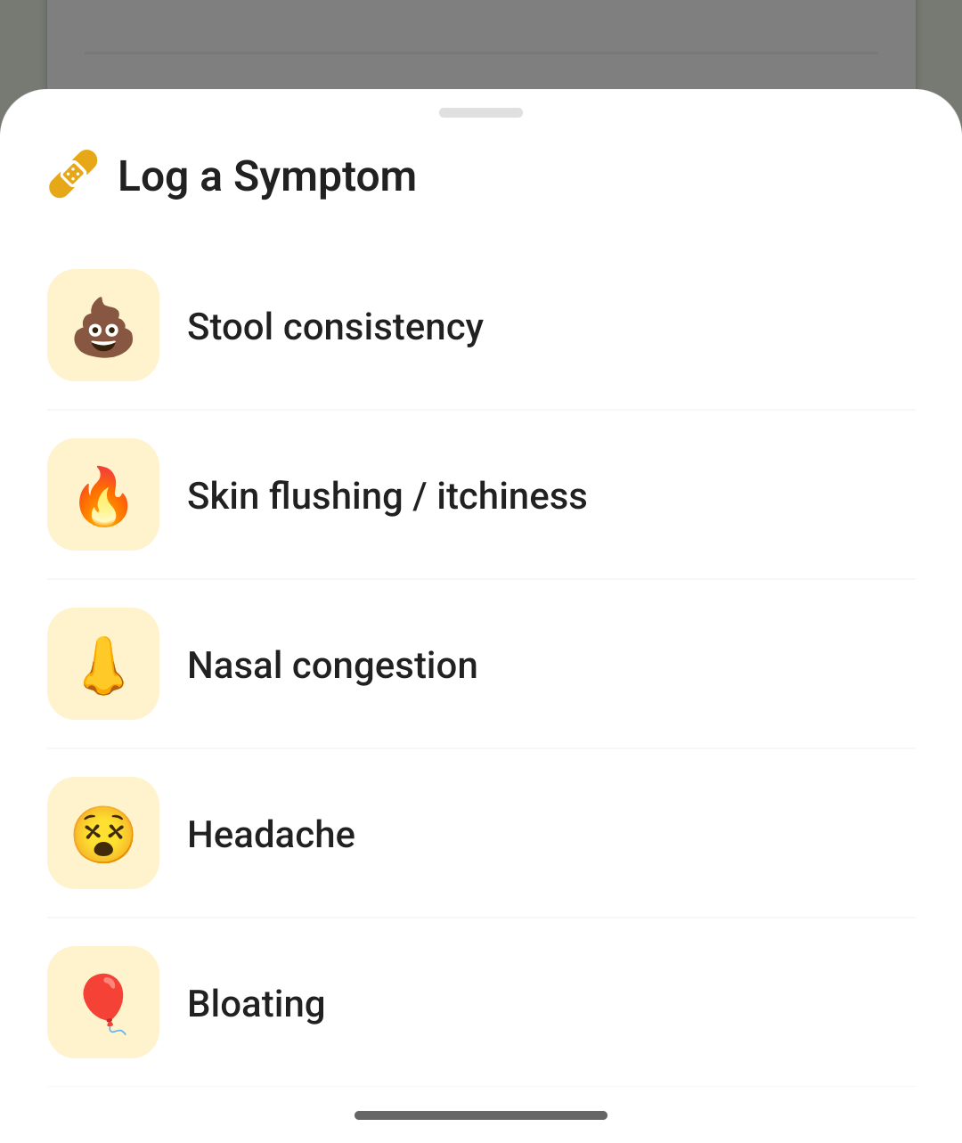 Log a Symptom sheet sliding up over the timeline