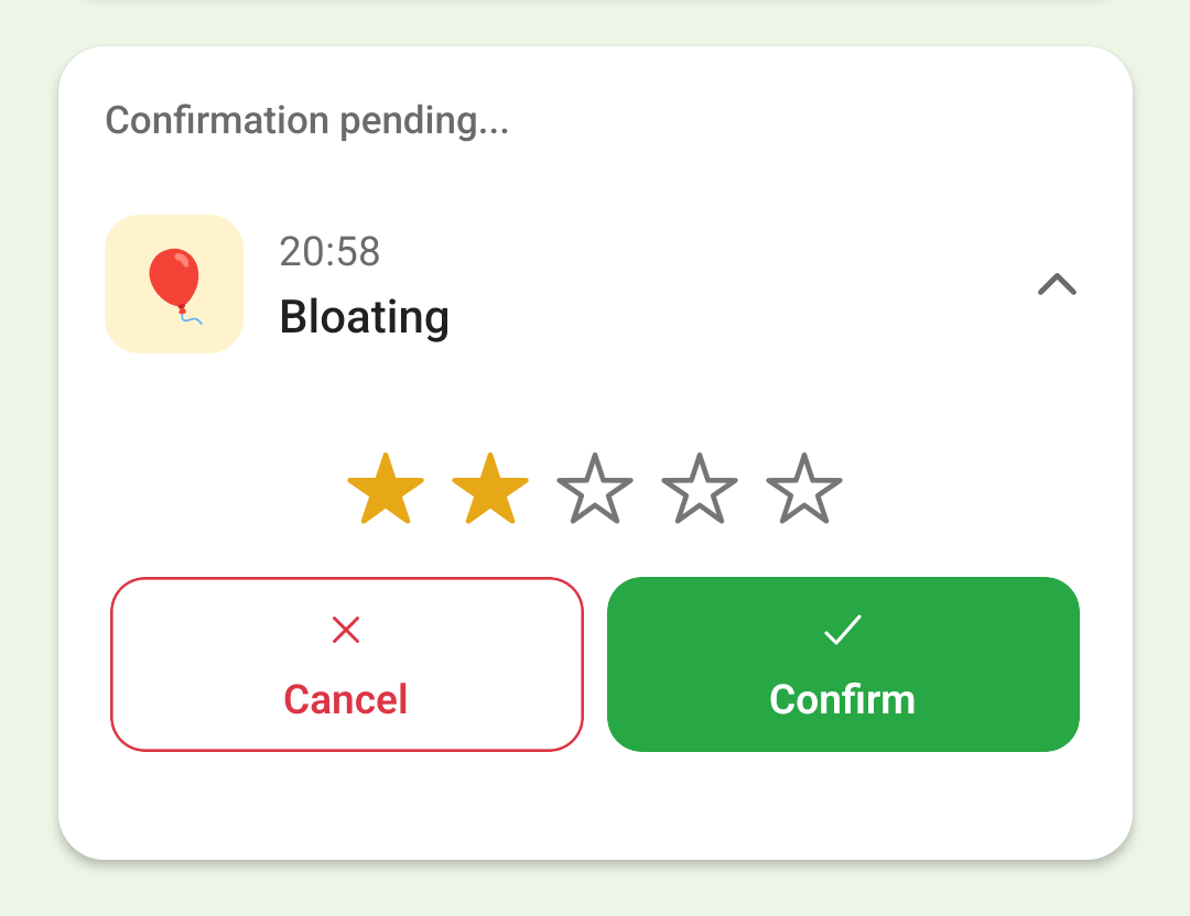 Confirming a bloating entry with a two-star severity rating