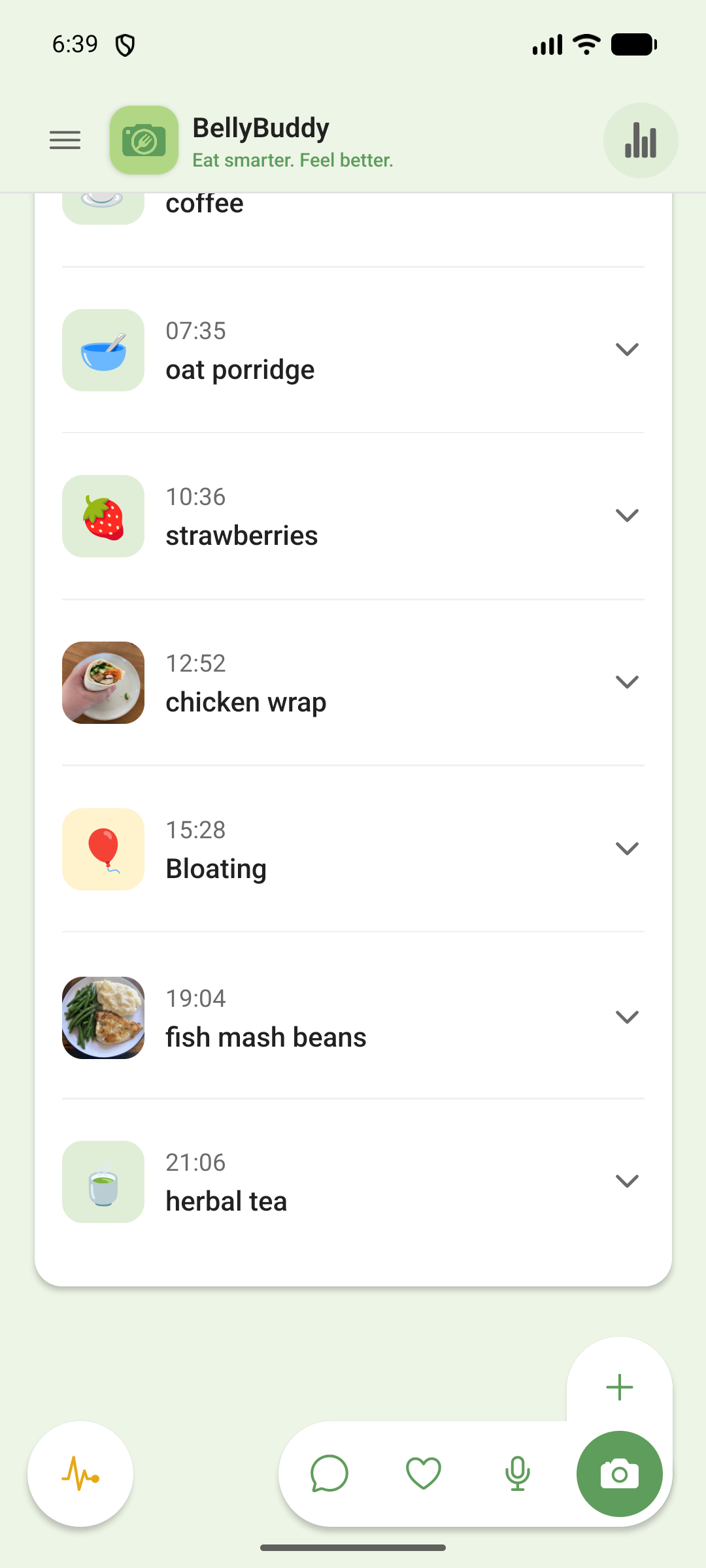 BellyBuddy timeline: meals with photos and a Bloating symptom entry, together in one feed