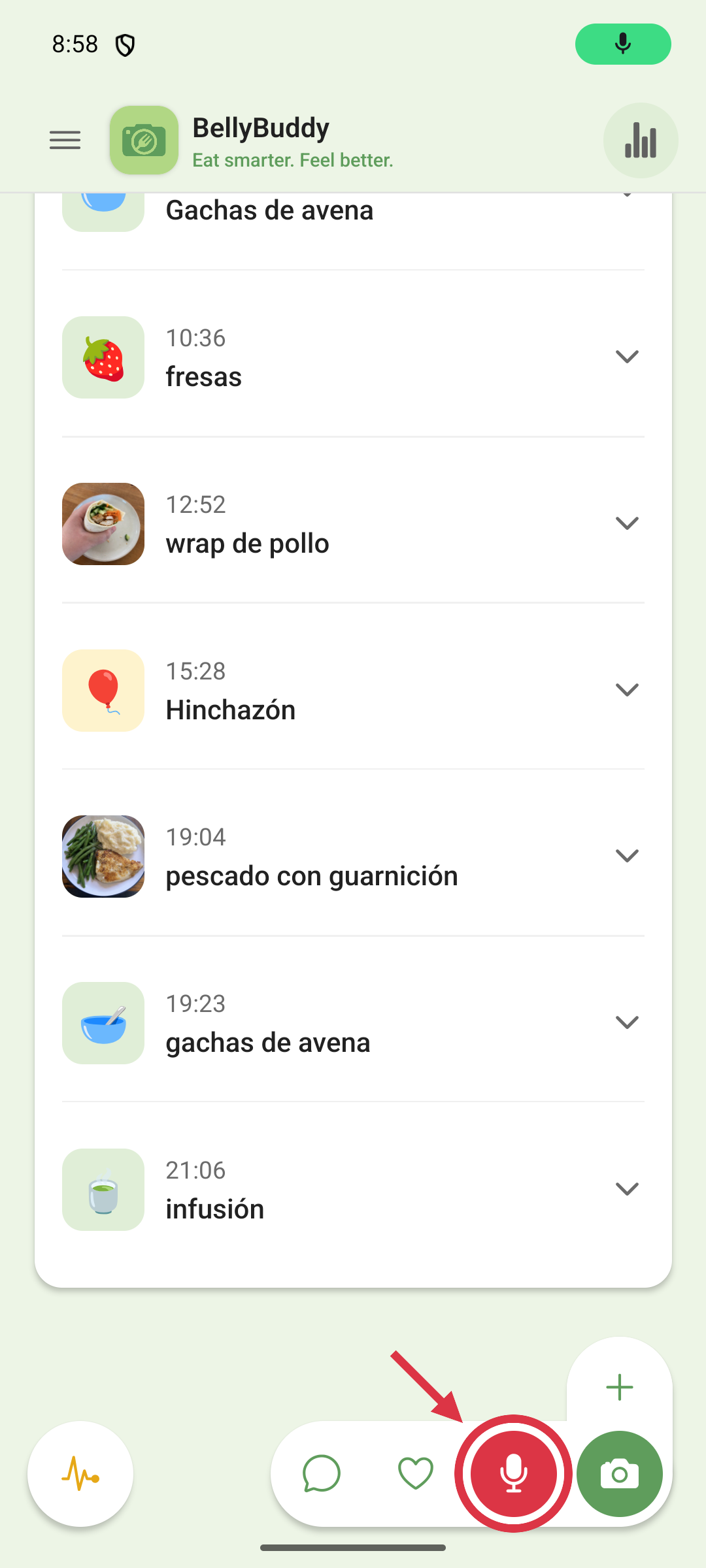 El botón del micrófono de la barra de entrada mantenido pulsado para dictar una comida, con la timeline detrás