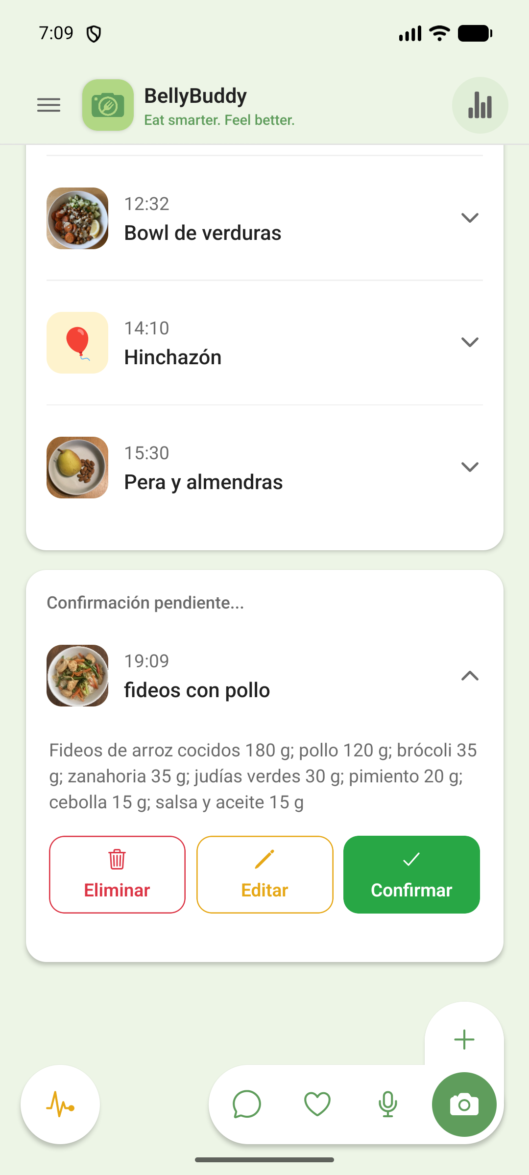 Unos fideos con pollo reconocidos, con sus ingredientes y gramos, pendientes de confirmar con los botones Eliminar, Editar y Confirmar