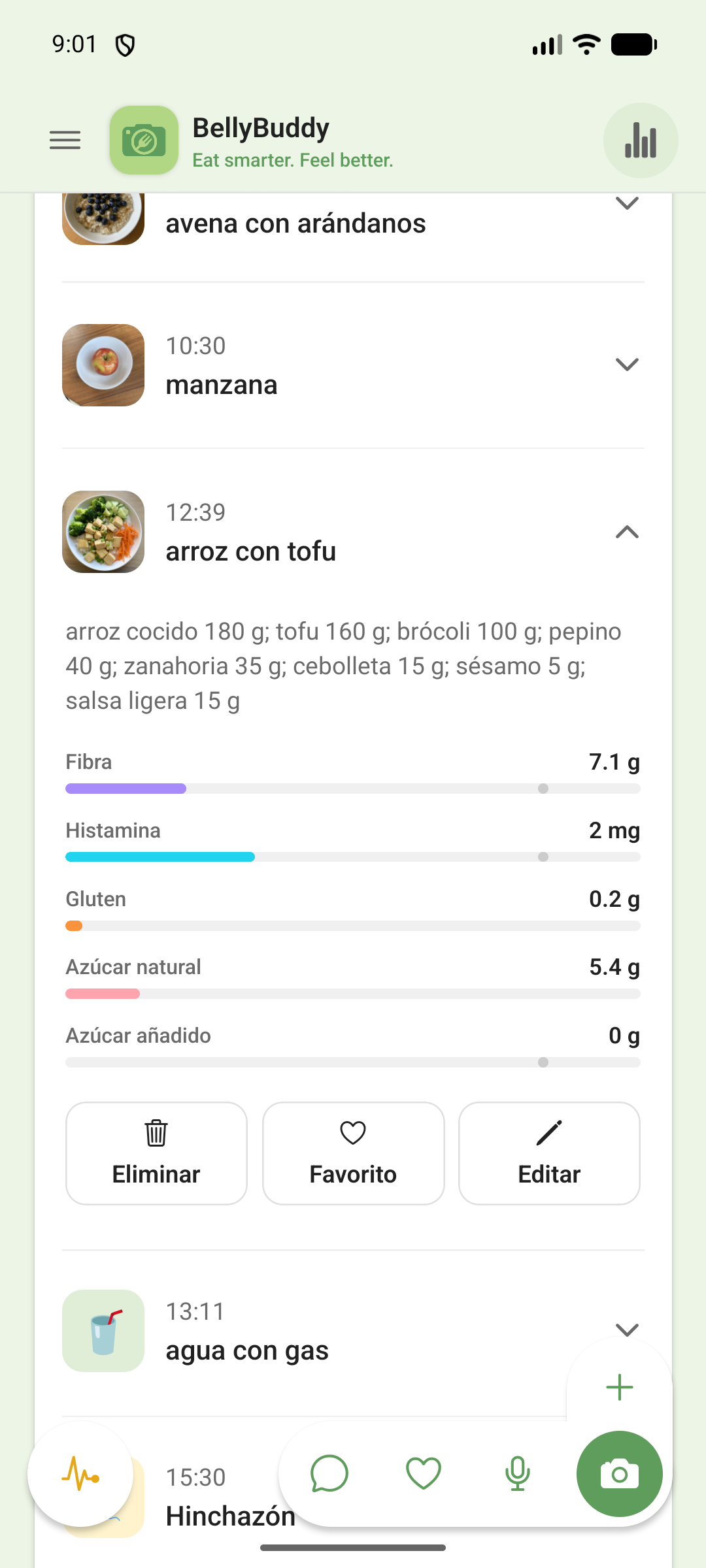 Una comida en la timeline, desplegada para mostrar sus valores nutricionales