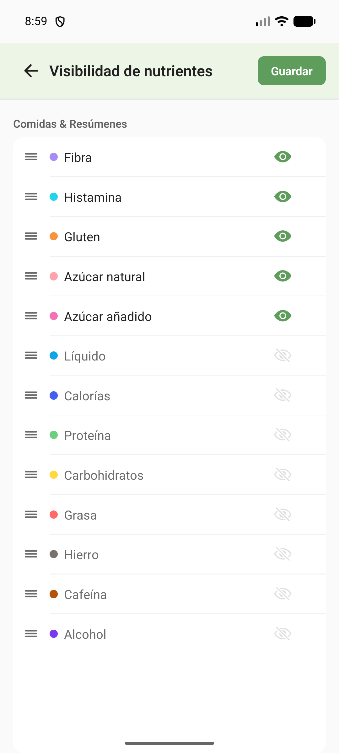 Ajustes de visibilidad de nutrientes: arrastra para reordenar los 13 valores y activa o desactiva cada uno