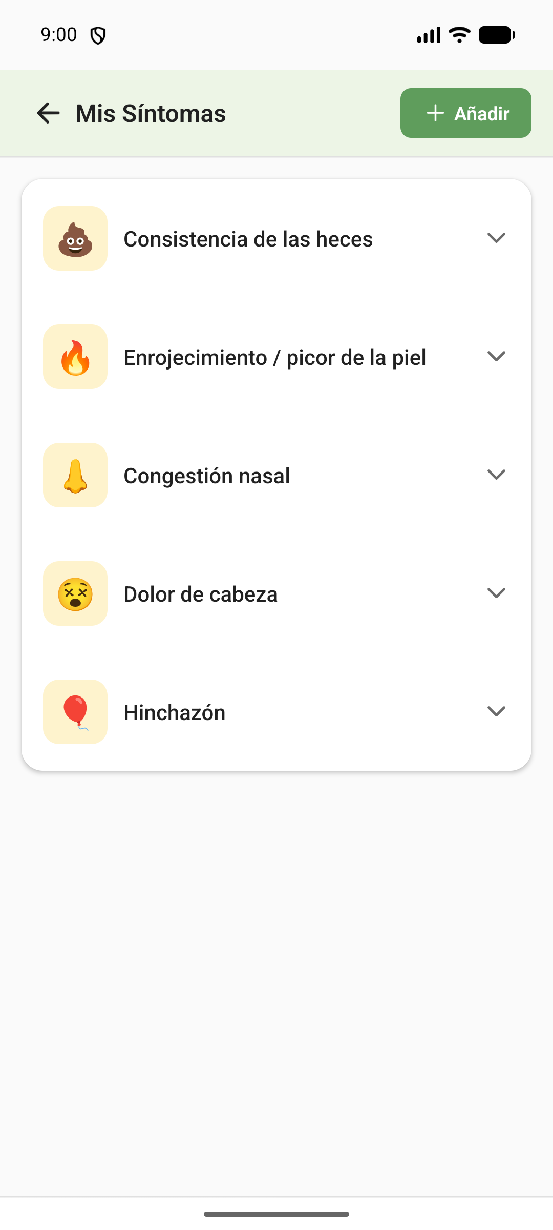 Mis Síntomas: tu propia lista con consistencia de las heces, enrojecimiento de la piel, congestión nasal, dolor de cabeza e hinchazón