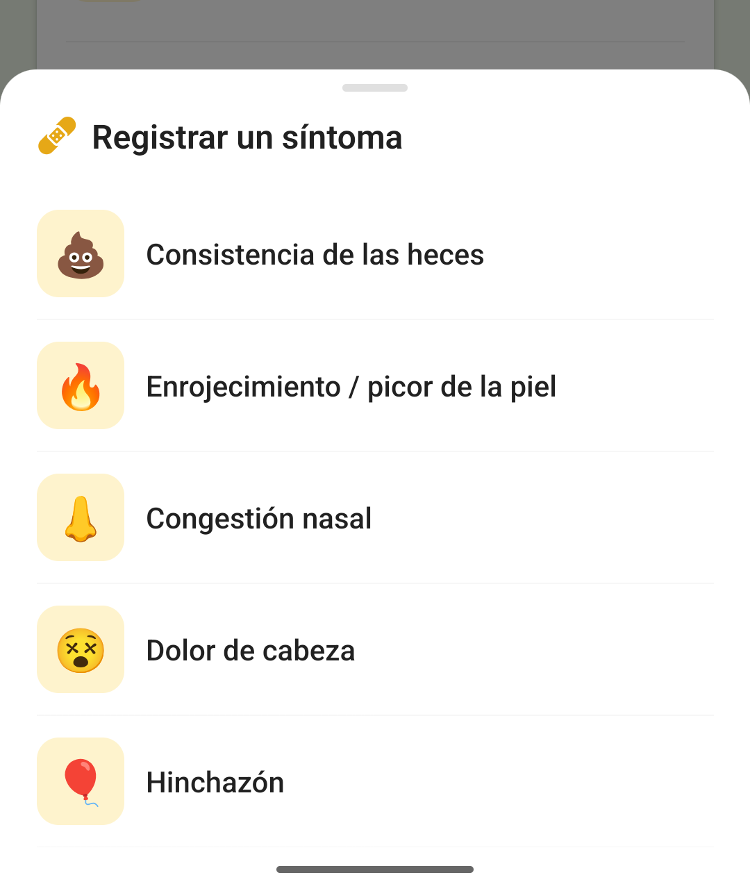 El panel «Registrar un síntoma» deslizándose sobre la timeline