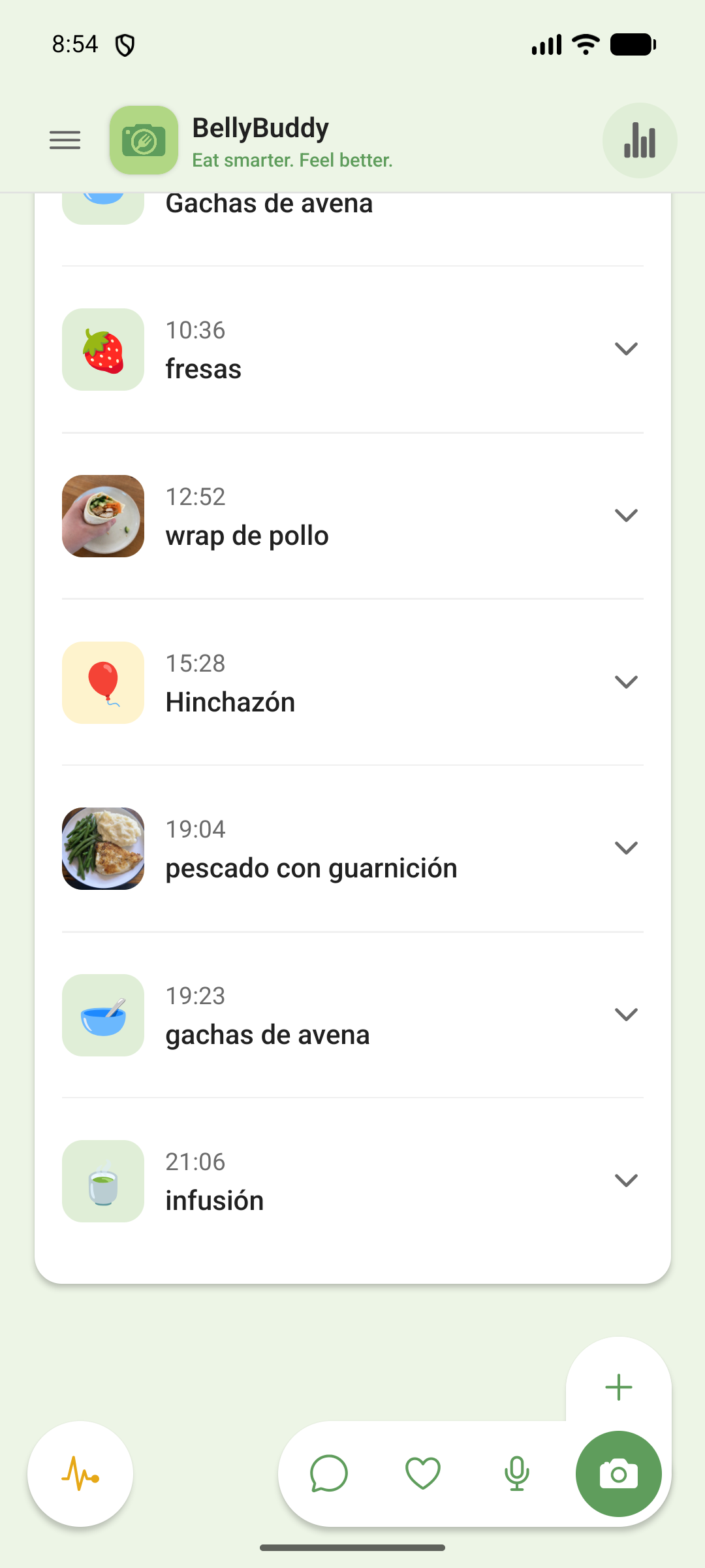 Timeline de BellyBuddy: comidas con fotos y una entrada de Hinchazón, juntas en un solo hilo