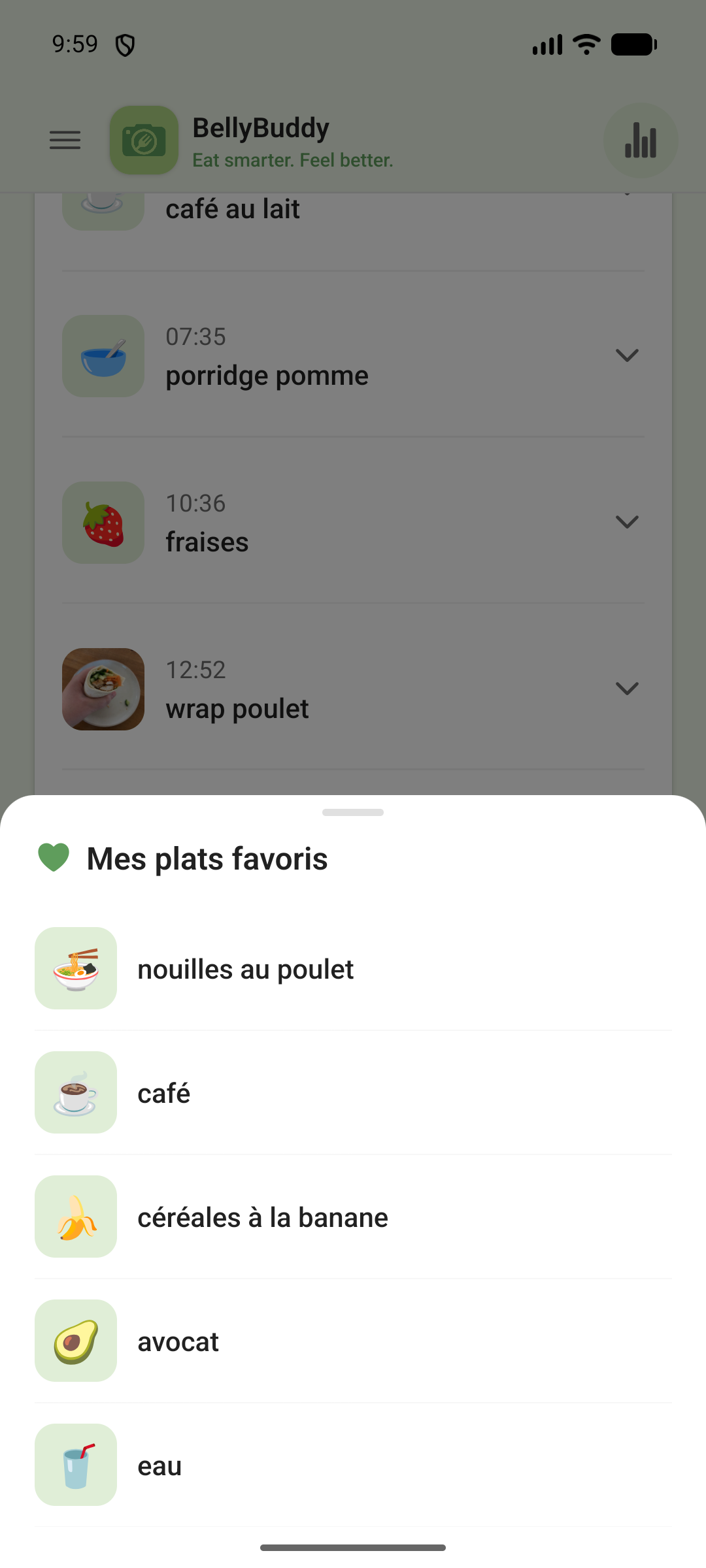 Liste « Mes plats favoris » : nouilles au poulet, café, céréales à la banane, avocat et eau