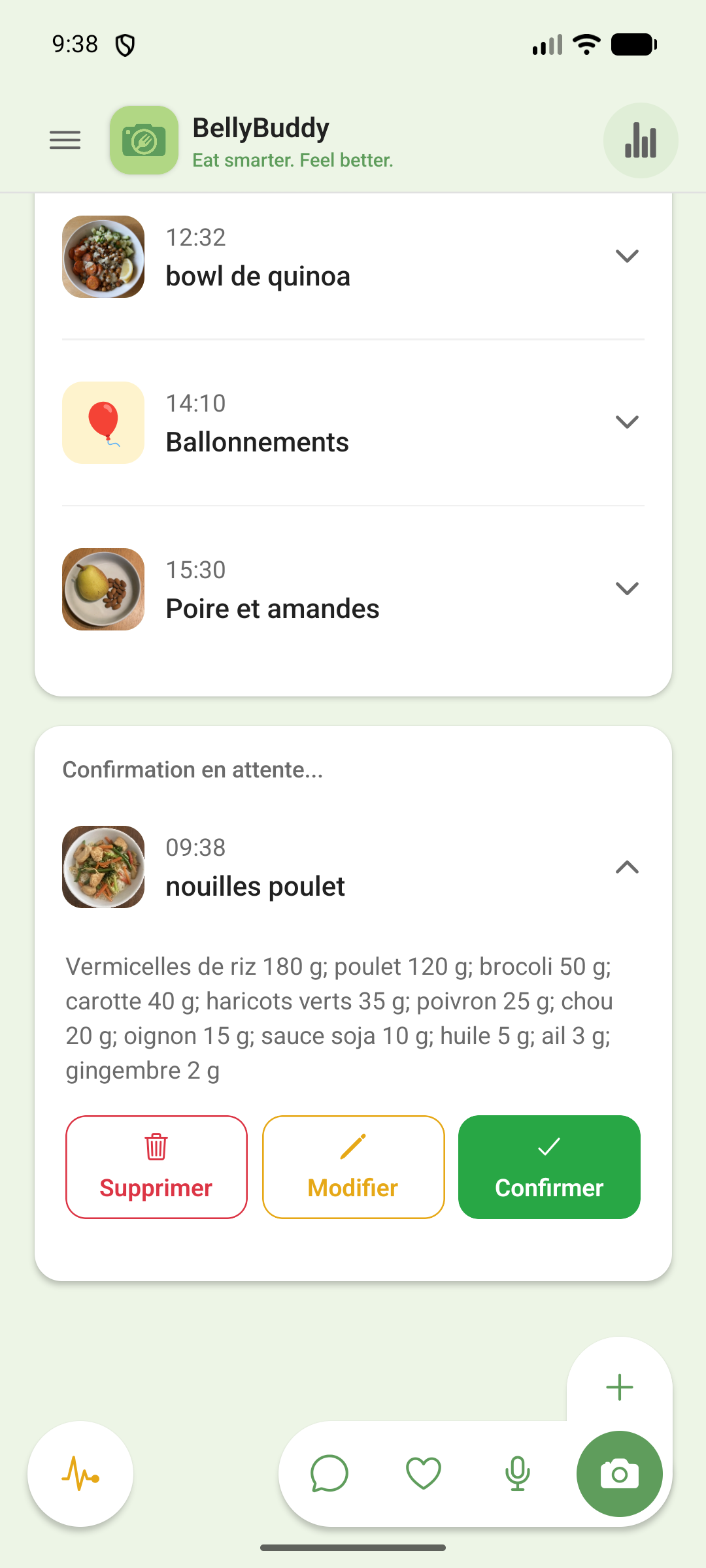 Des nouilles au poulet reconnues, listées avec leurs ingrédients et leurs grammages, en attente de confirmation avec les boutons Supprimer, Modifier et Confirmer