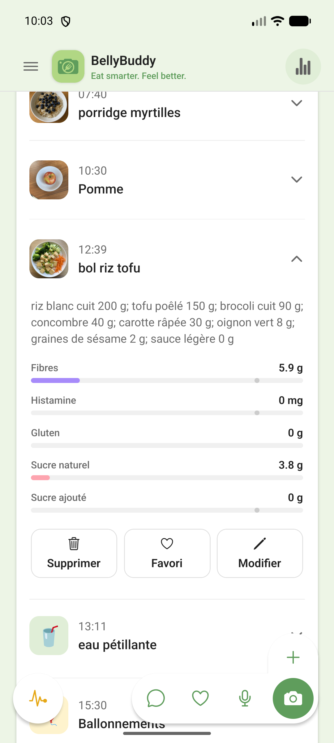 Un repas dans la timeline, déplié pour afficher ses valeurs nutritionnelles