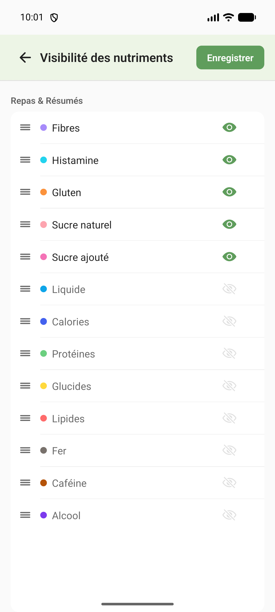Réglages de visibilité des nutriments : réordonner les 13 valeurs par glisser-déposer et activer ou désactiver chacune