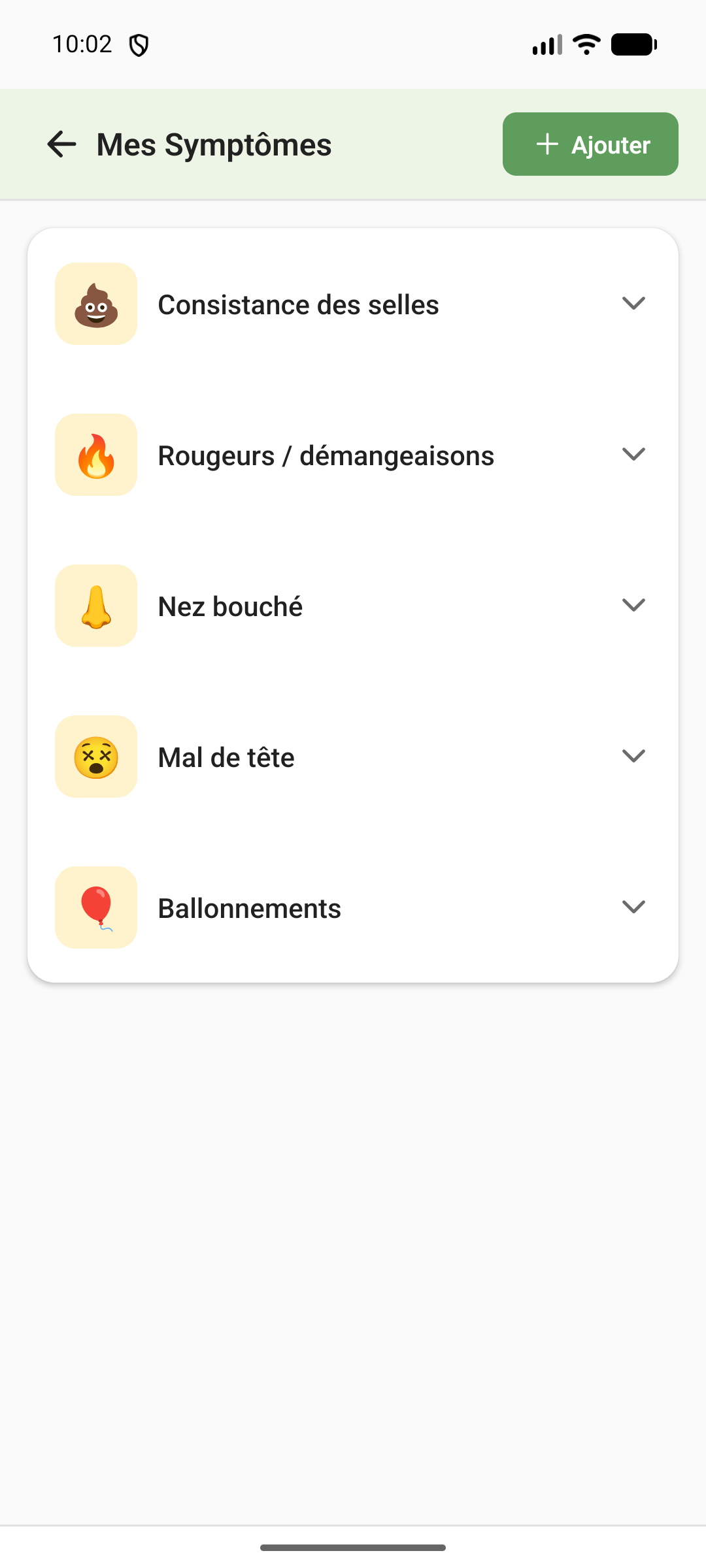 Mes Symptômes : ta propre liste avec consistance des selles, rougeurs, nez bouché, mal de tête et ballonnements