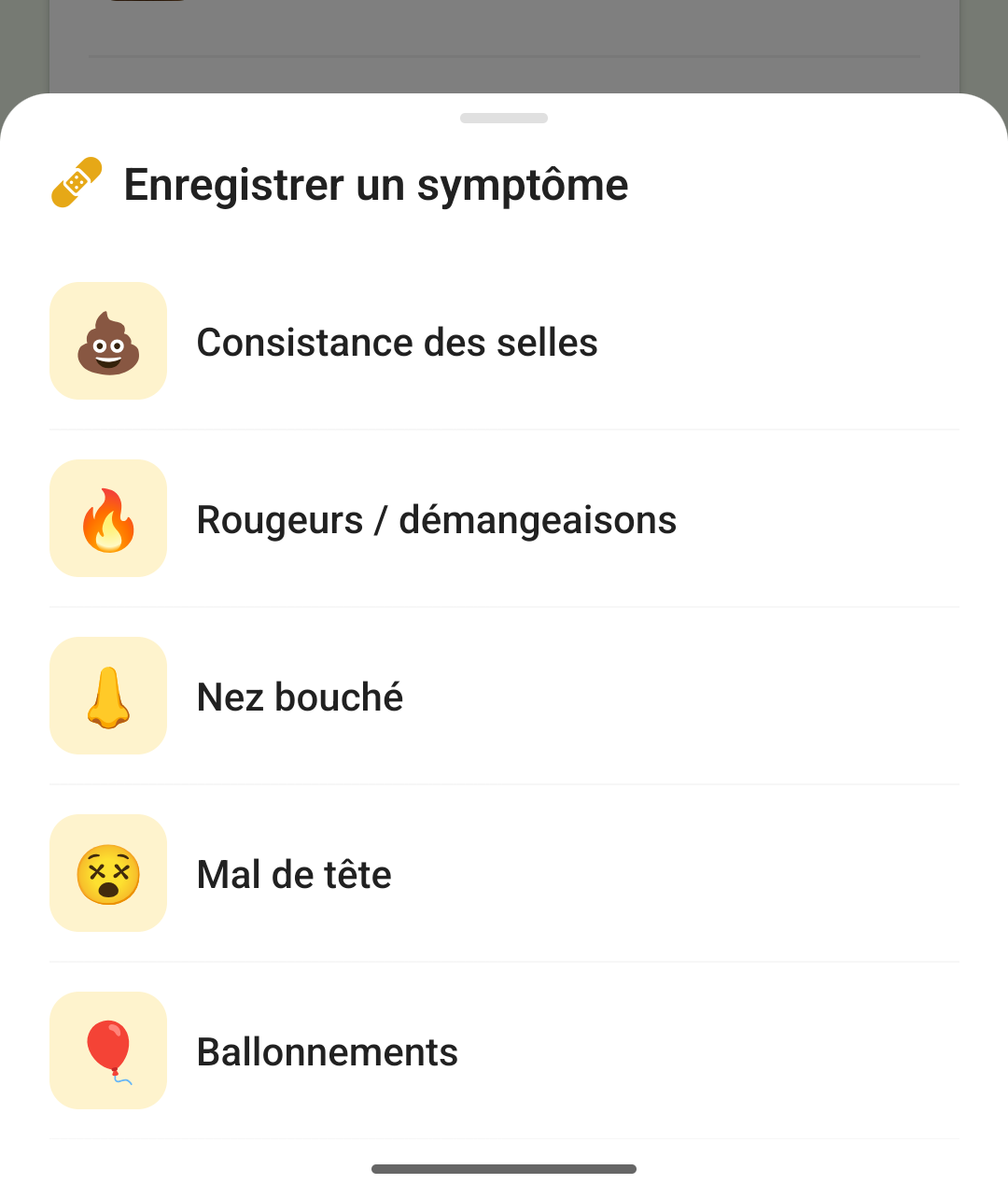 Le panneau « Enregistrer un symptôme » qui remonte par-dessus la timeline
