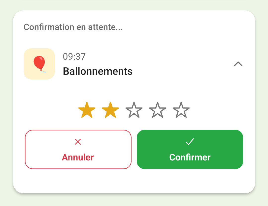 Confirmation d'une entrée ballonnements avec une intensité de deux étoiles
