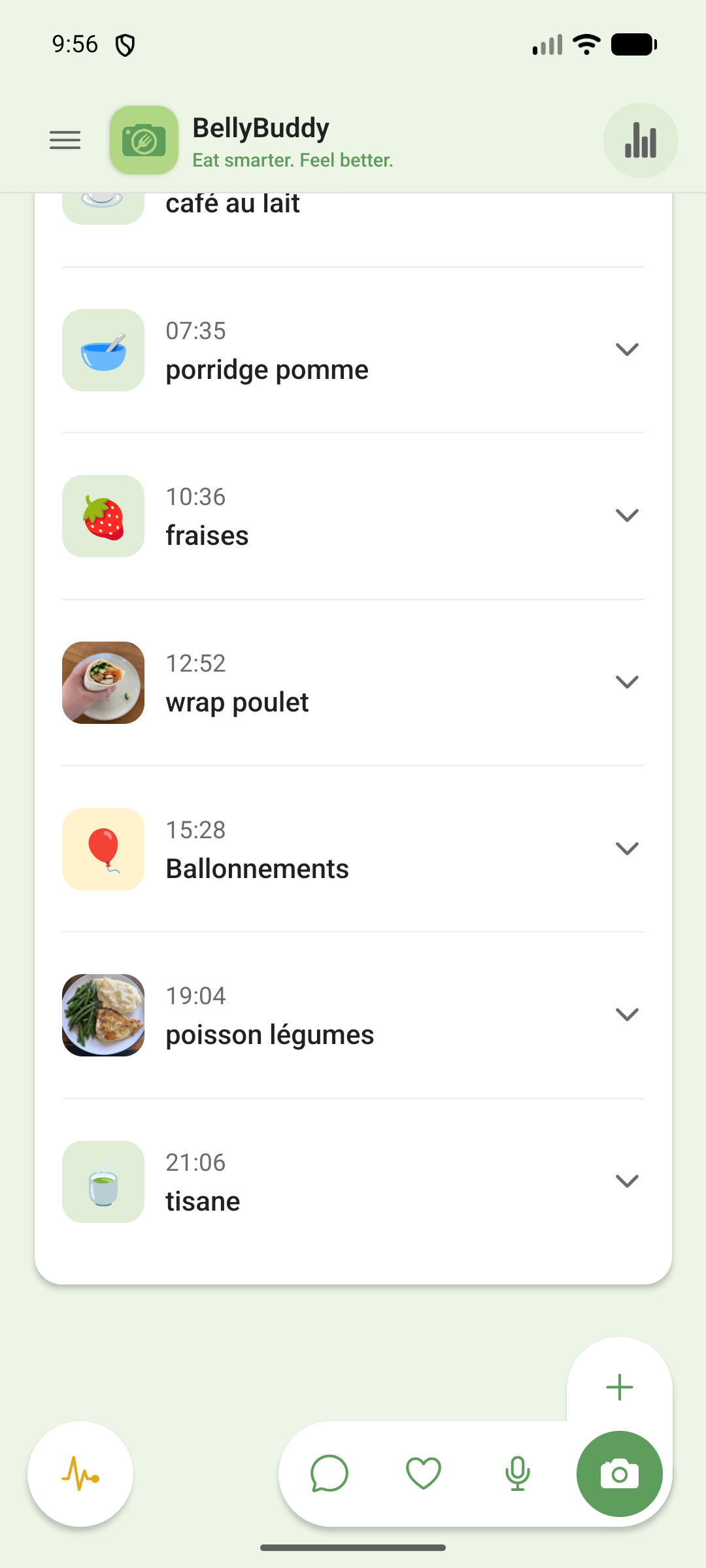 Timeline BellyBuddy : des repas avec photos et une entrée Ballonnements, réunis dans un seul fil