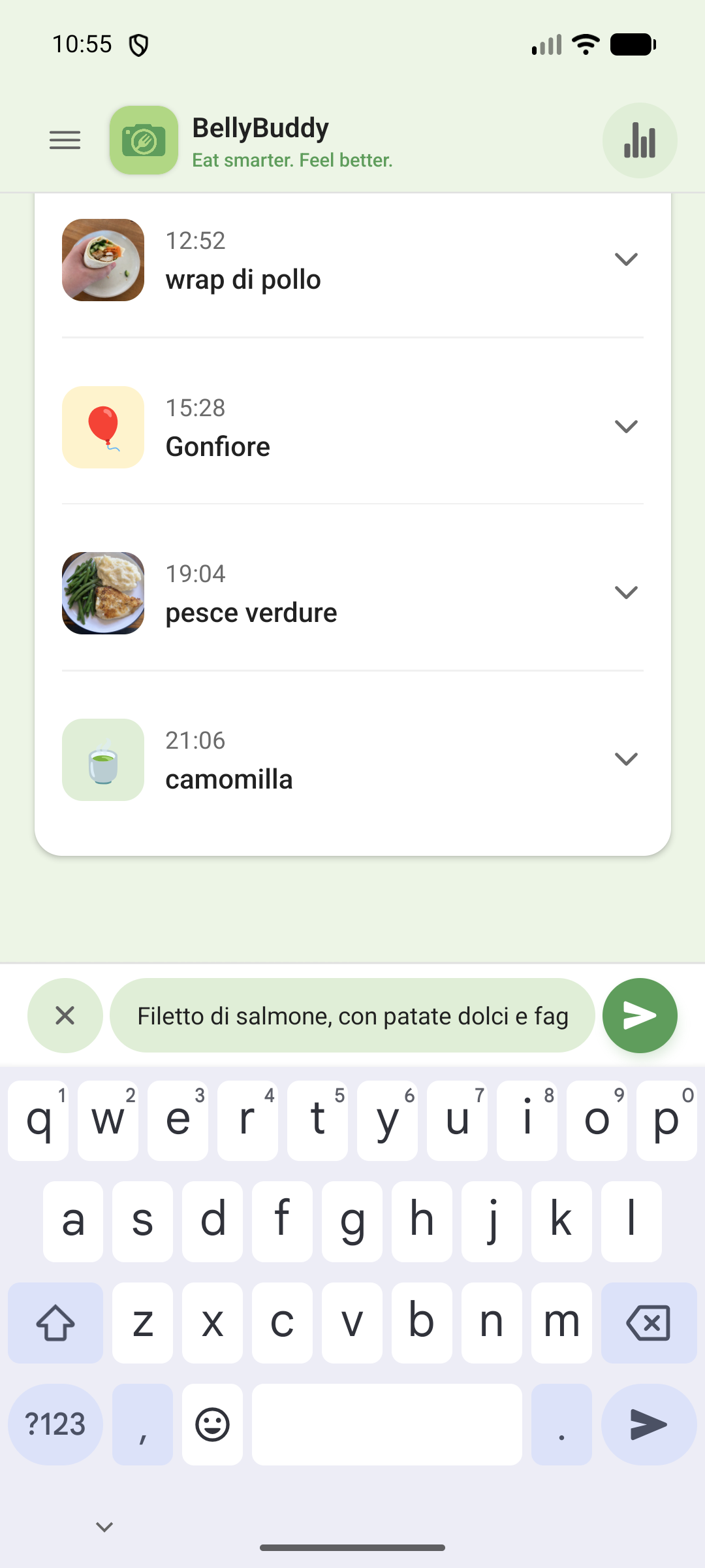 «Filetto di salmone, con patate dolci e fagiolini» digitato in BellyBuddy
