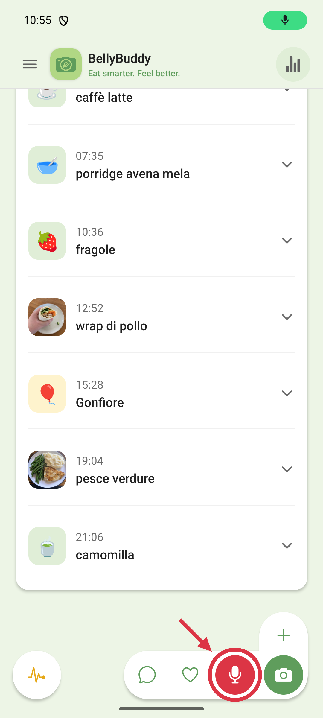 Il pulsante del microfono nella barra di inserimento tenuto premuto per dettare un pasto, con la timeline dietro