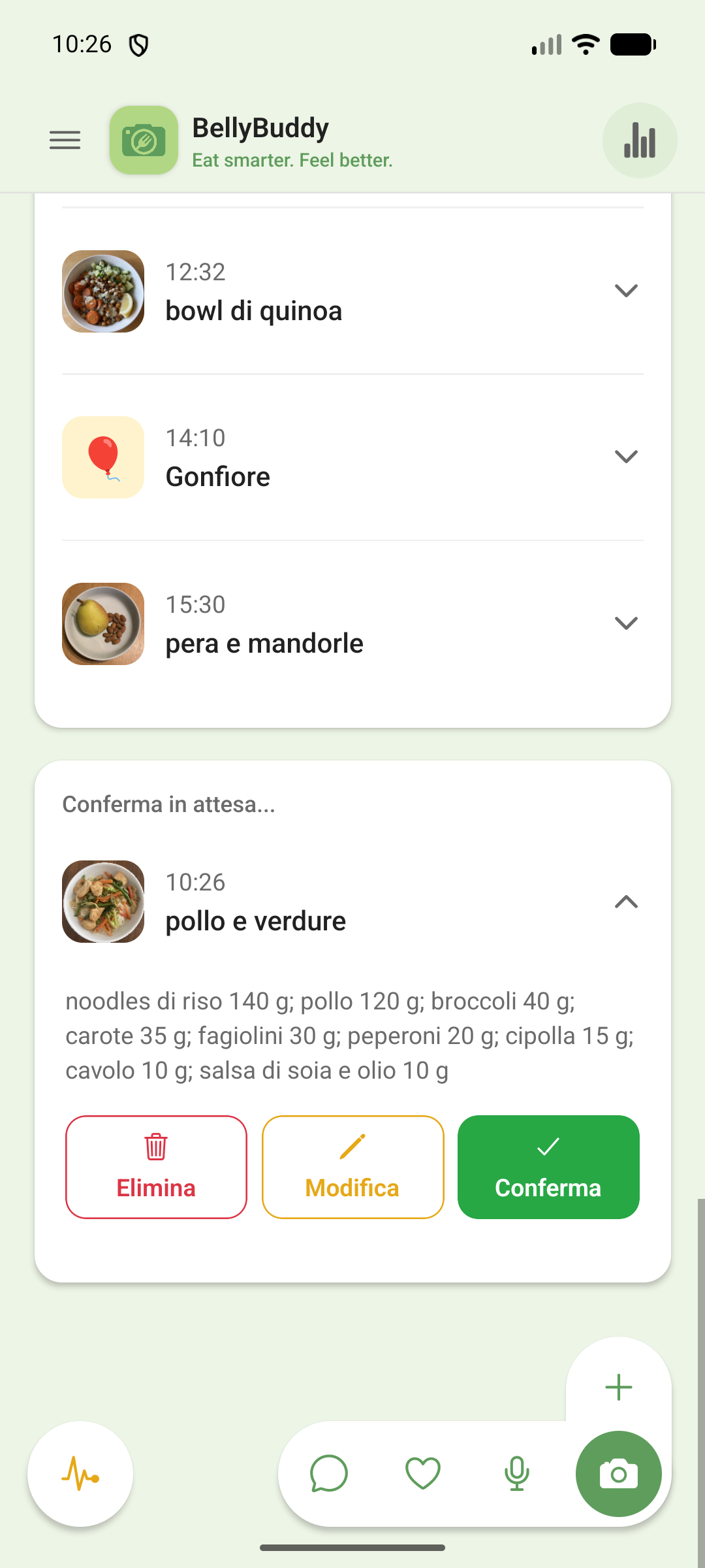 Dei noodles al pollo riconosciuti, elencati con ingredienti e grammature, in attesa di conferma con i pulsanti Elimina, Modifica e Conferma