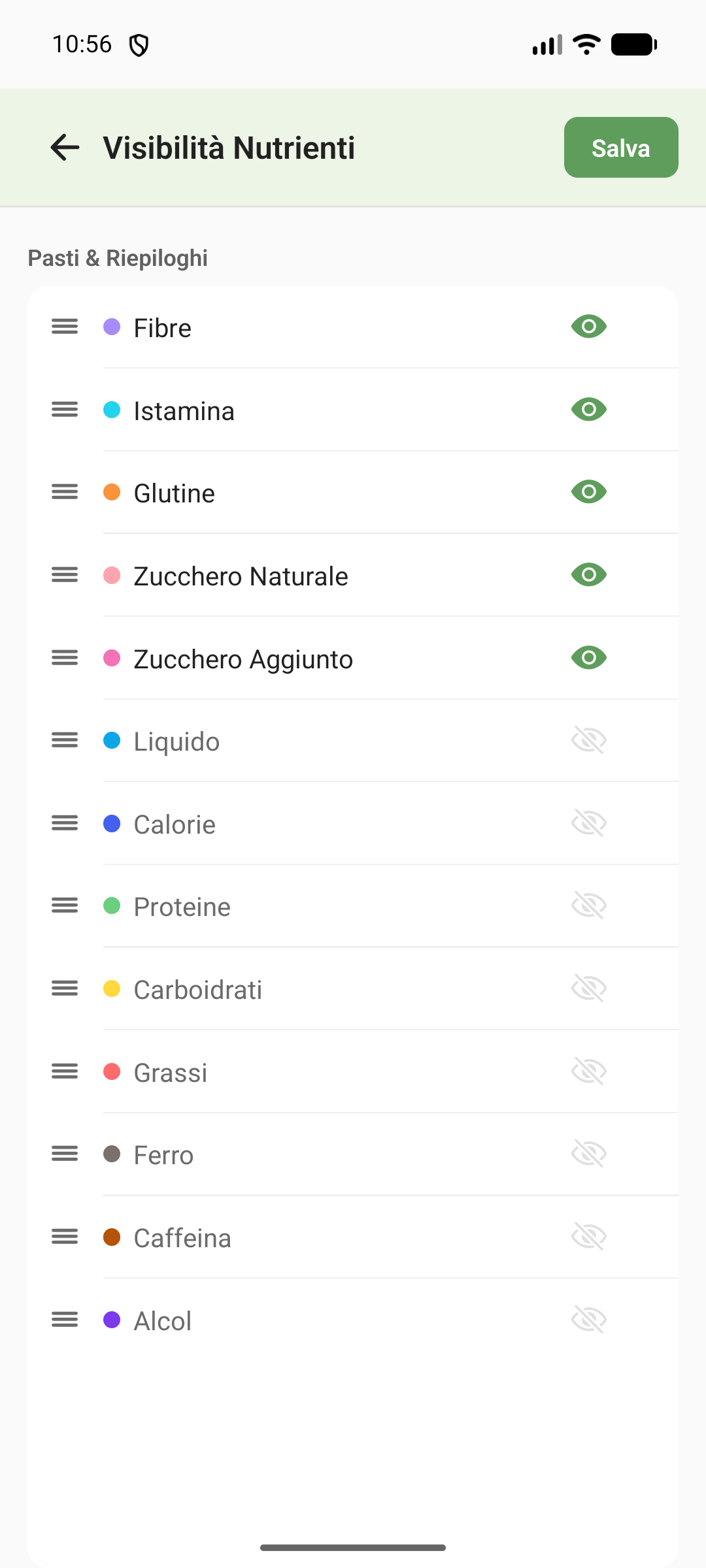 Impostazioni di visibilità dei nutrienti: trascina per riordinare i 13 valori e attiva o disattiva ciascuno