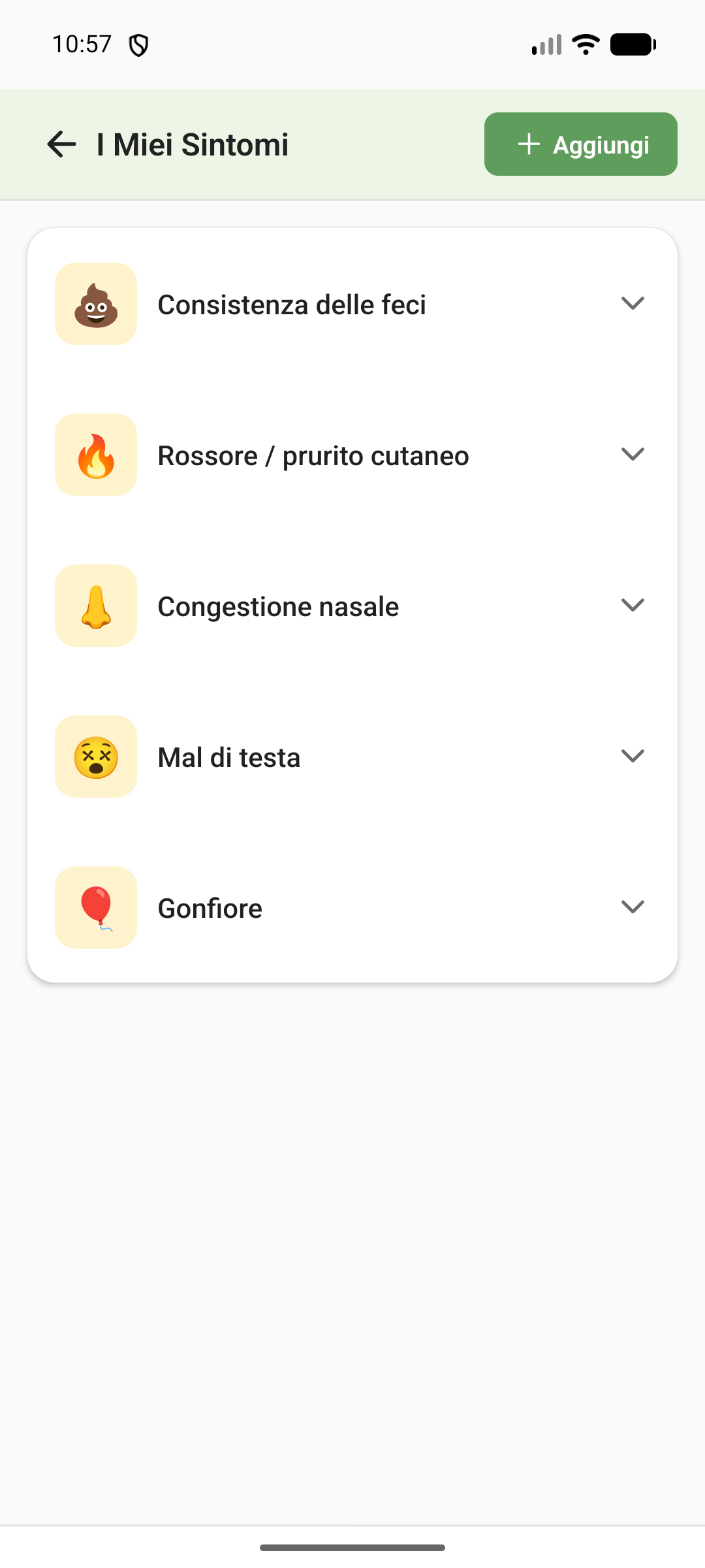 I Miei Sintomi: il tuo elenco con consistenza delle feci, rossore cutaneo, congestione nasale, mal di testa e gonfiore