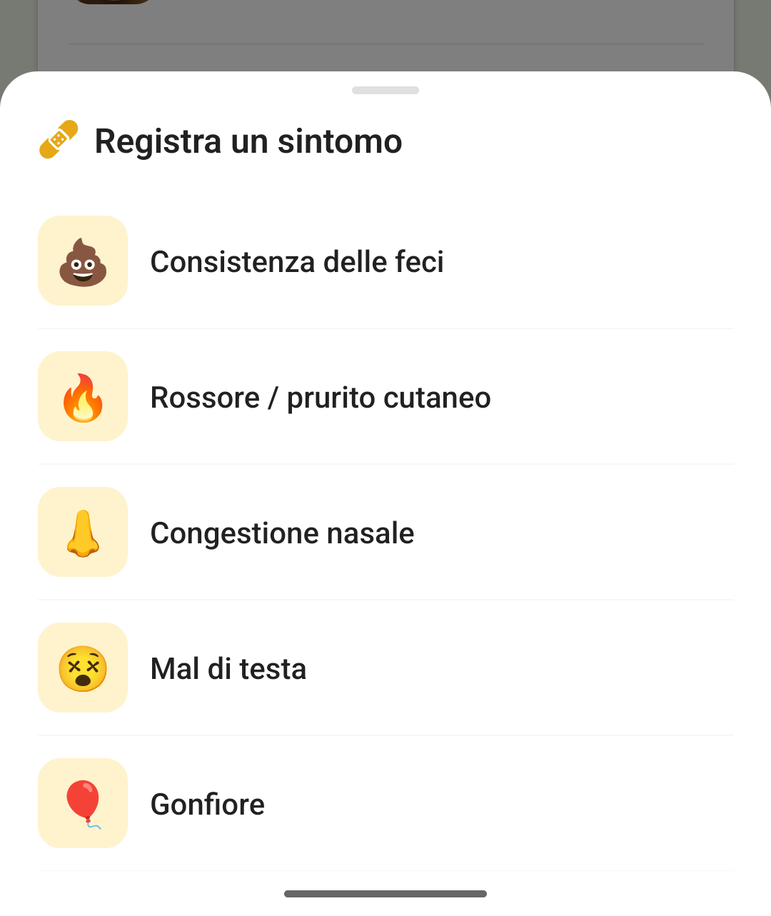 Il pannello «Registra un sintomo» che scorre sopra la timeline